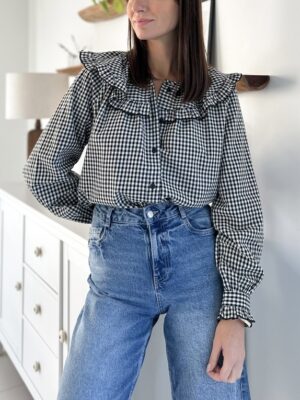 chemise-vichy-noir-blanc-col-claudine-manches-longues