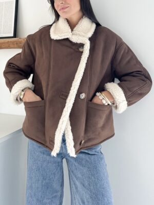 Manteau-fausse-peau-retournée-suédine-marron