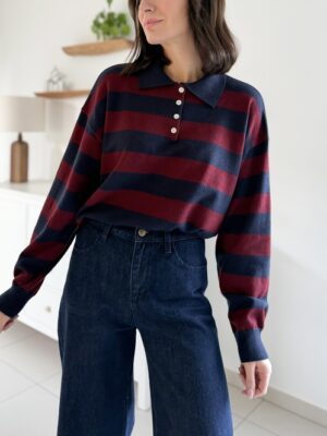 Pull-maille-col-polo-manches-longues-marine-bordeaux