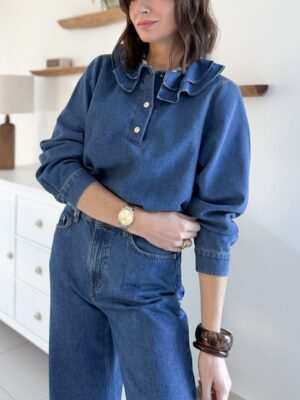 Blouse-denim-manches-longues-col-a-volants