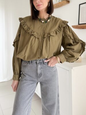 Chemise-col-volanté-oversize-manches-longues-kaki