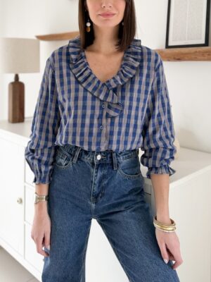 chemise carreaux bleue manches longues col volant