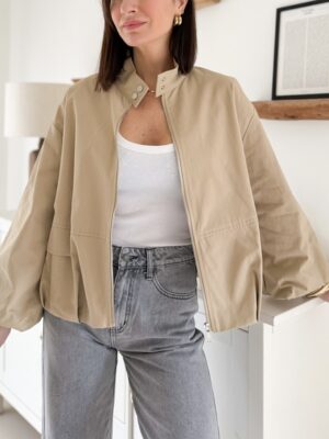 veste courte beige gabardine coton manches ballon 3/4 fermeture zip