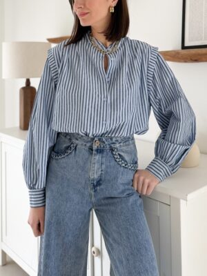 chemise rayures bleues plissée encolure ronde manches longues