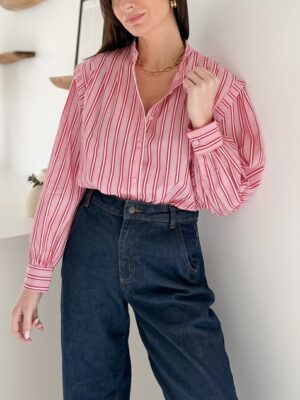 chemise rayures rouges plissée encolure ronde manches longues