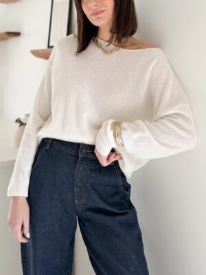 pull blanc maille fine 100% laine manches longues col bateau