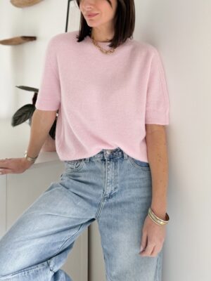 pull manches courtes maille fine rose poudre