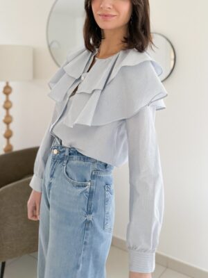 Chemise rayée grand col bleu ciel rayures blanches