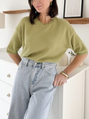 pull maille manches courtes couleur olive encolure ronde