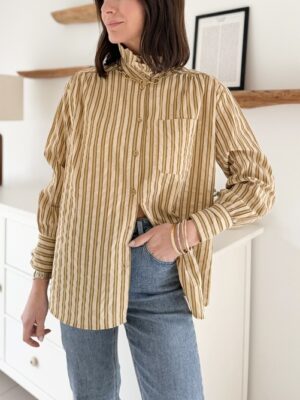 chemise rayée col victorien olive beige manches longues