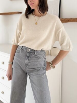 pull manches courtes doux beige col rond