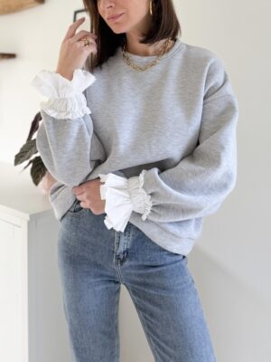 pull sweat gris oversize col rond poignées popeline de coton blanc