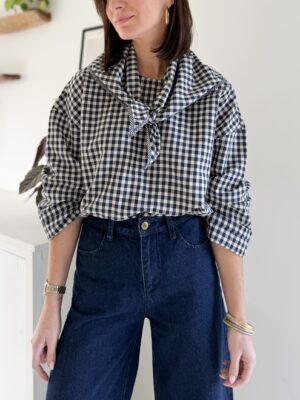 blouse oversize vichy marine foulard triangle amovible manches longues encolure longues
