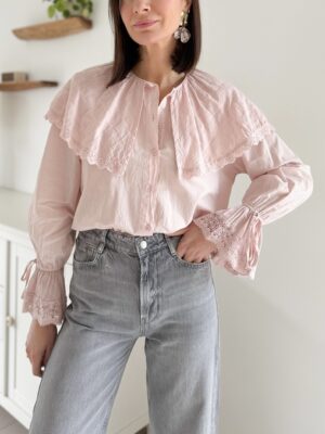 chemise rose manches longues col Claudine brodé