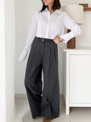 Pantalon large taille élastique pinces couleur bleu gris