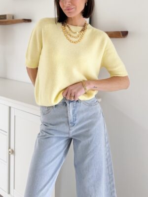 pull maille manches courtes col rond couleur jaune