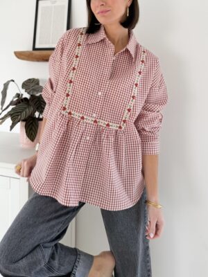 Chemise à manches longues Imprimée motif vichy rouge manches longues