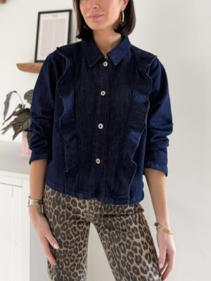 veste coupe droite jeans brute manches longues col classique volants décoratifs sur le devant