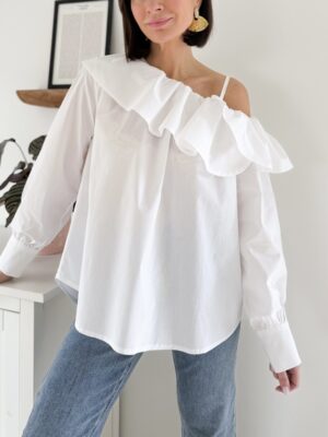 blouse blanche coton manches longues côté asymétrique volant décoratif
