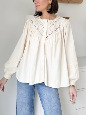 chemise écrue manches longues encolure ronde broderies