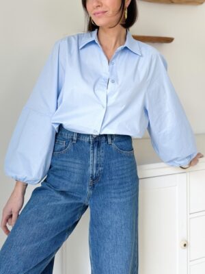 chemise bleue ciel coton col classique manches longues manches ballon