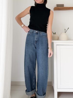 jeans bleu coupe barrel jambes ballon taille haute