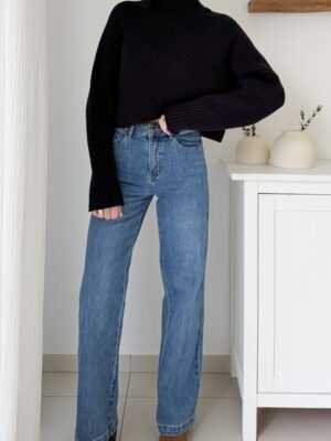 pantalon jeans bleu moyen taille haute évasé
