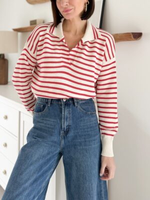 pull maille de coton col classique écru rayé rouge manches longues