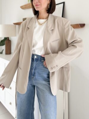 blazer coupe oversize couleur sable manches longues lien à nouer à la taille amovible