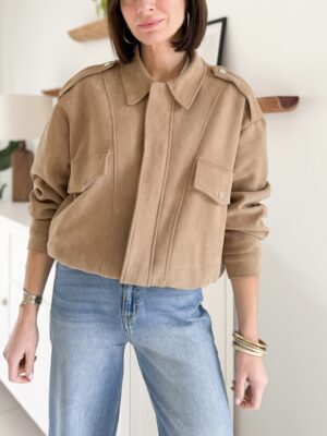 veste bomber beige suedine col classique manches longues fermeture à zip