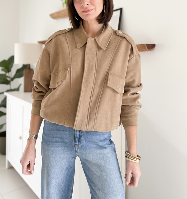 veste bomber beige suedine col classique manches longues fermeture à zip