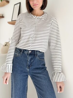 top marinière coton boutonné petit col Claudine à volant manches longues