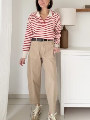 pantalon coupe barrel coton beige avec ceinture marron taille haute