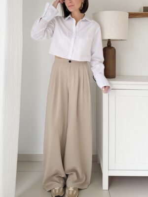 pantalon costume à pinces couleur beige taille haute coupe large