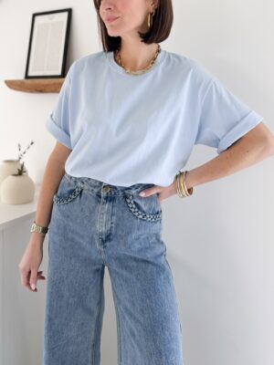 tee shirt en coton bleu ciel col rond manches courtes