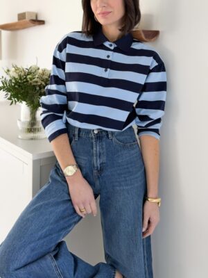 Polo rayé à boutons col classique bleu ciel et bleu marine