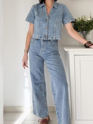 Jeans bleu vintage wide taille haute et 5 poches