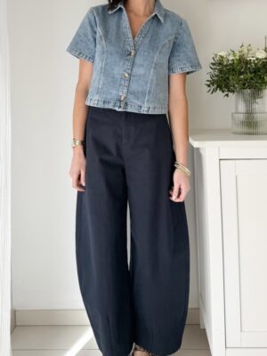 Pantalon marine coupe barrel Taille haute et toile de coton