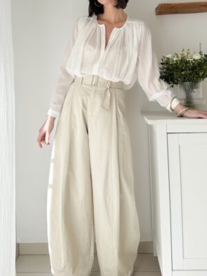Pantalon barrel taille ceinturée Toile de coton et taille haute