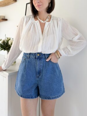 short en jeans bleu taille haute coupe trapèze