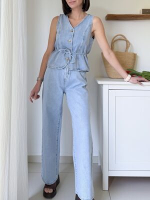 jeans wide bleu clair taille haute lien à la taille