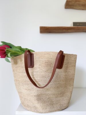 grand sac panier raphia anses en similicuir