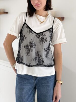 Tee-shirt blanc dentelle manches courtes et débardeur amovible