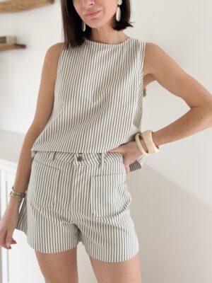 Short rayé vert - Taille haute et 4 poches