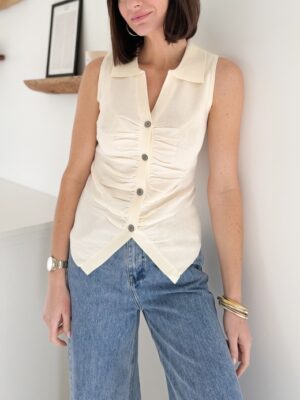 Top en maille écru col classique sans manches