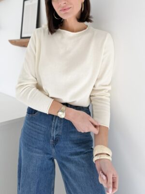 Pull en maille de coton écru col bateau manches longues
