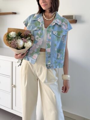 Veste jeans imprimée fleuri sans manches et coupe oversize