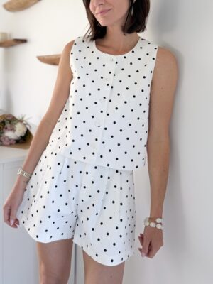 short blanc pois noires coton taille haute