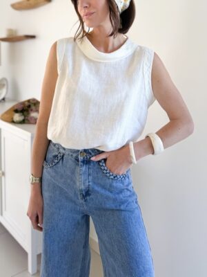 Blouse écrue en lin Sans manches et encolure ronde