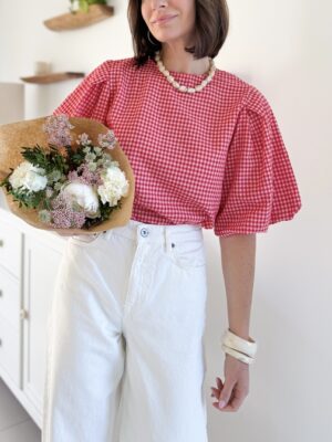 Blouse vichy rouge manches courtes bouffantes encolure ronde